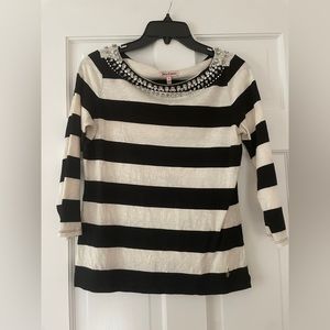 Juicy Couture Striped 3/4 Sleeve Bejewled Top
